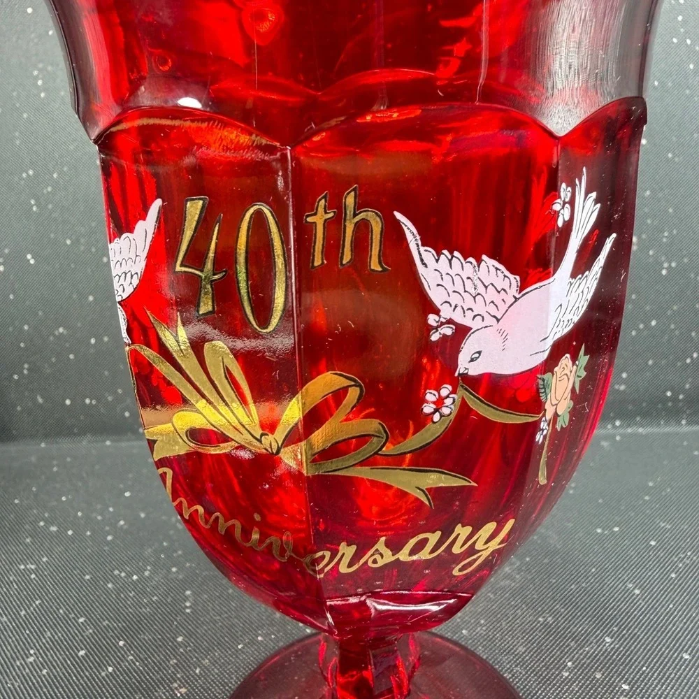 Viking Glass Ruby Red 40th Anniversary Candy Dish with Lid Doves Vintage 9 inch